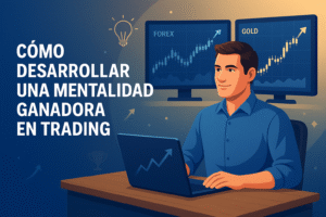 Ilustración de un trader concentrado operando en su laptop, con gráficos alcistas de Forex y Oro en segundo plano, acompañado del título “Cómo desarrollar una mentalidad ganadora en trading”.