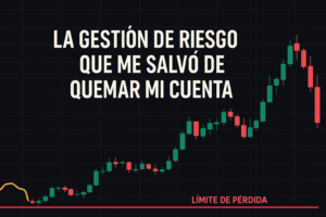 Gráfico de velas japonesas con texto: 'La gestión de riesgo que me salvó de quemar mi cuenta'. En la parte inferior se muestra una línea roja marcada como 'Límite de pérdida', indicando el nivel donde se aplica la gestión del riesgo.
