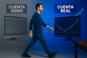Hombre pasando de una cuenta demo a una cuenta real de trading, representado por dos monitores con gráficos financieros. La imagen simboliza la transición del trading simulado al mercado real, ideal para traders principiantes que buscan invertir con dinero real.