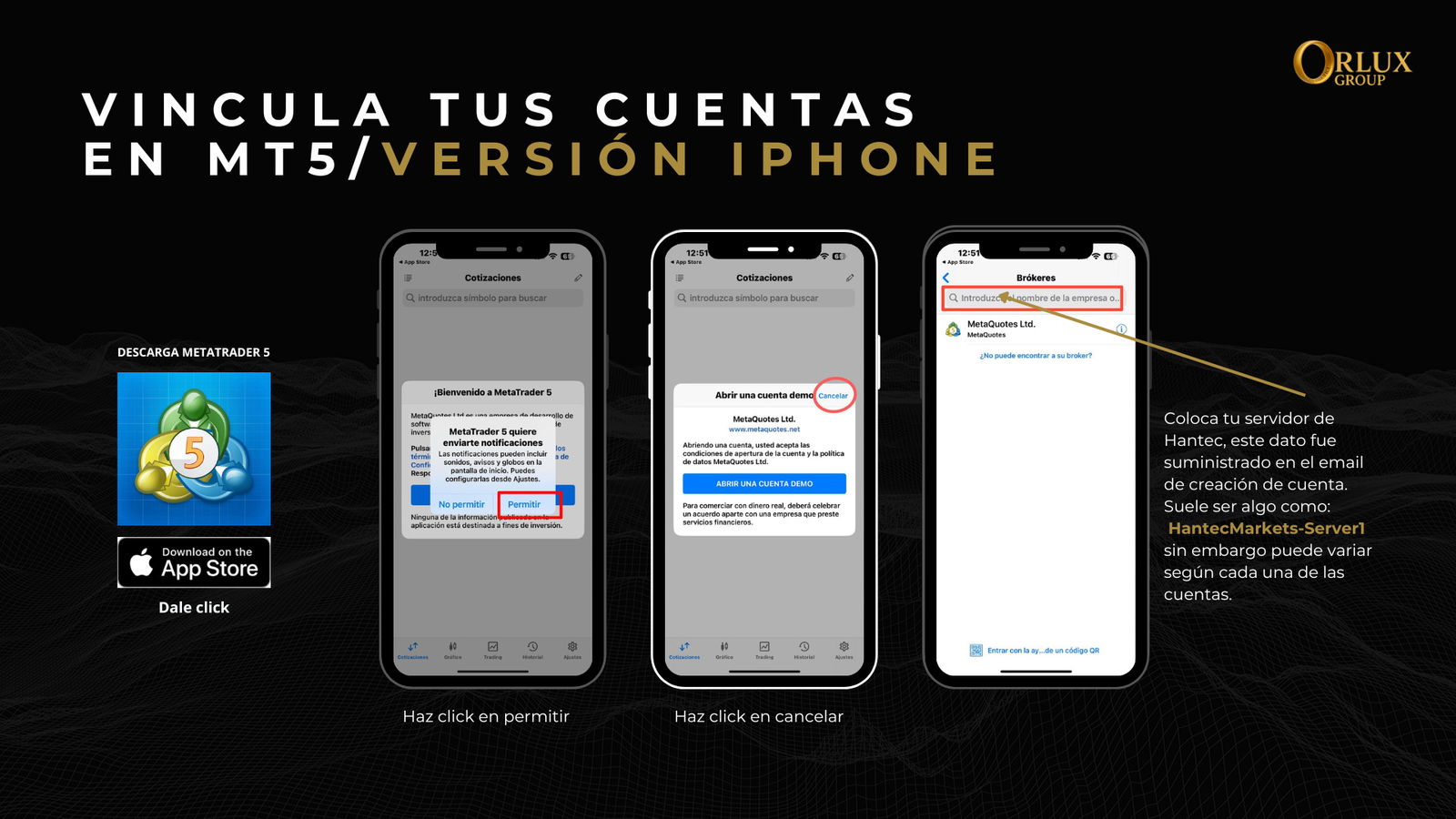 iPhone Paso 1 — Abrir MT5 y buscar servidor Hantec