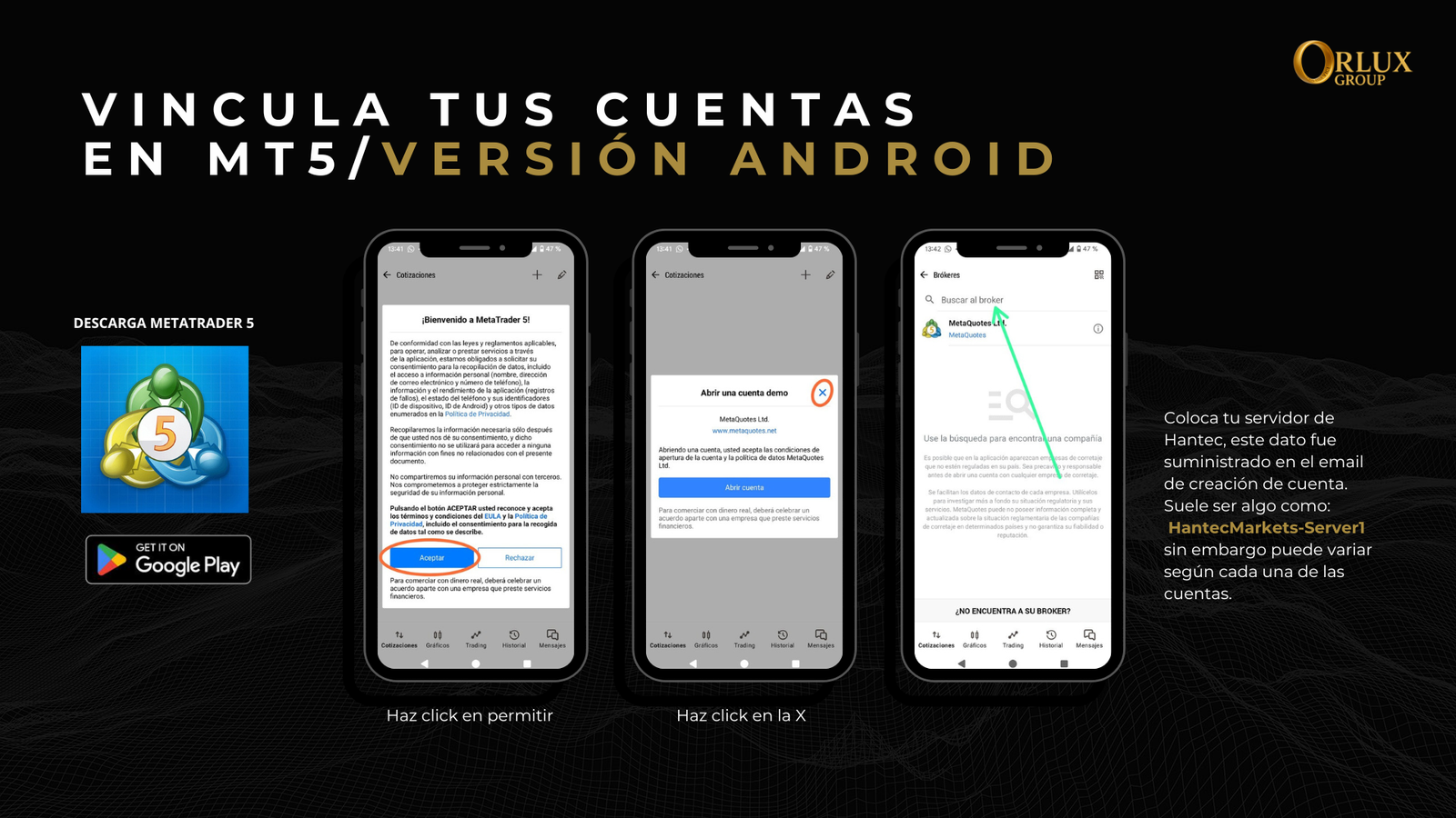 Android Paso 1 — Abrir MT5 y buscar servidor Hantec
