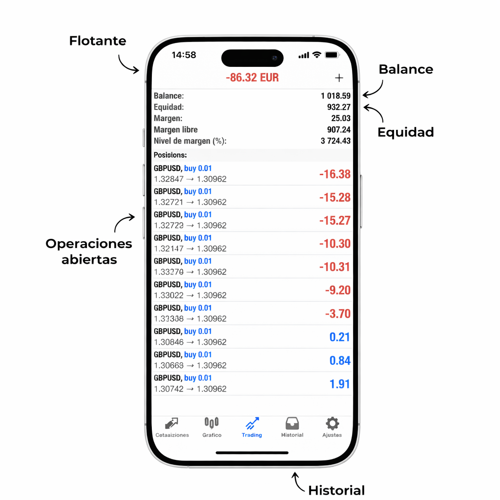 Vista de MetaTrader con Balance, Equity, Flotante y Operaciones señalados